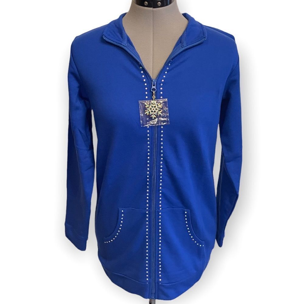 Quacker Factory Blue Zip up rhinestone snowflake christmas size XXS NWT